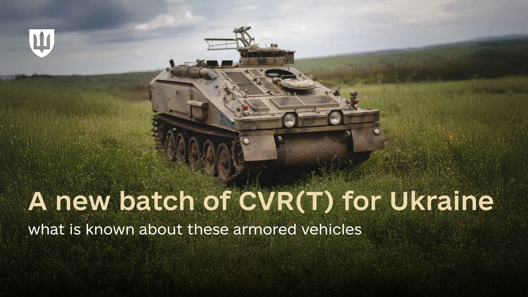 A British FV103 Spartan armoured vehicle positioned in tall green grass in an open field under a cloudy sky