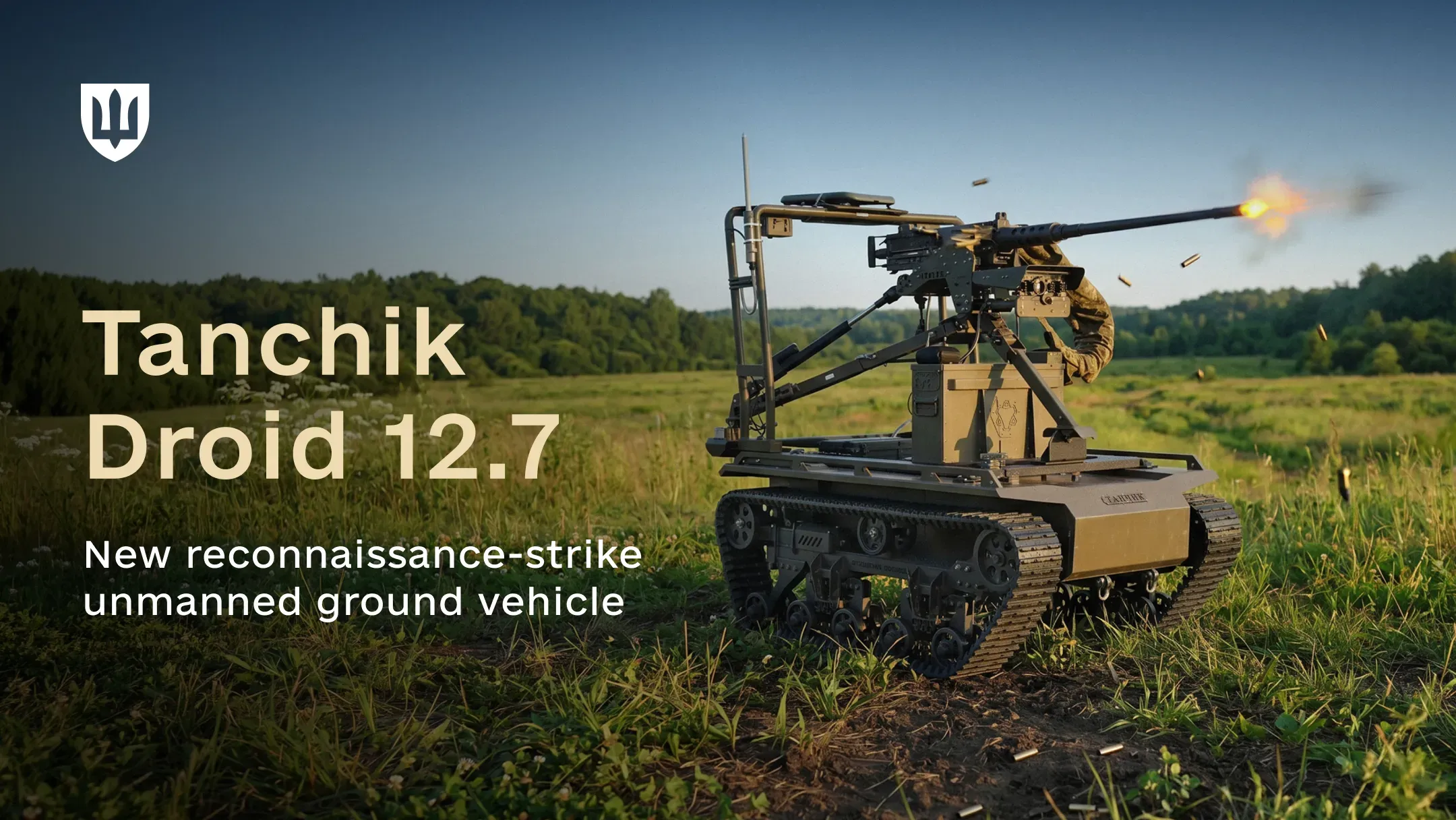 A tracked Tanchik Droid unmanned ground vehicle equipped with a mounted machine gun firing in a field