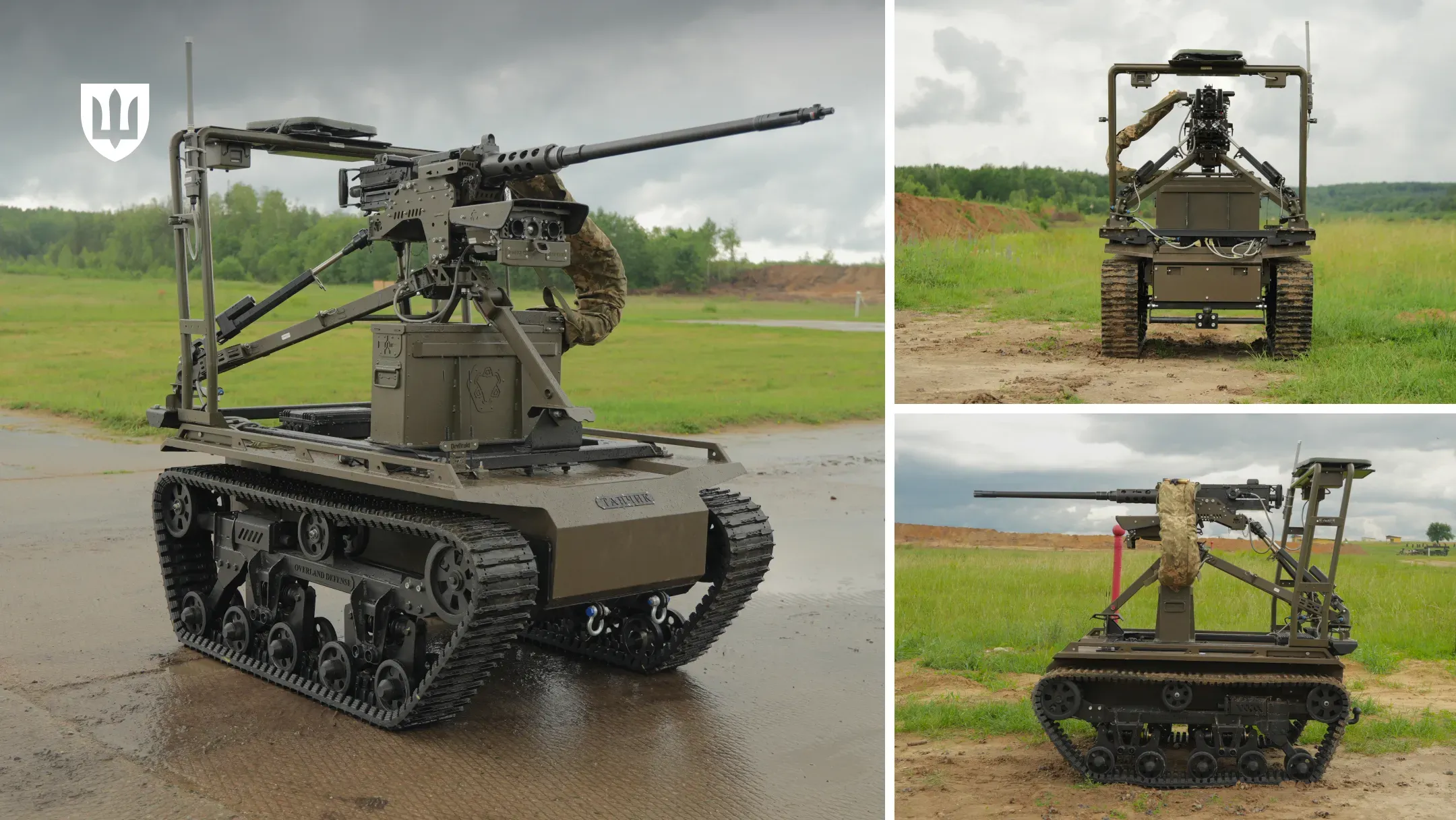 Колаж із трьох зображень наземного дрона Tanchik Droid 12.7. у різних ракурсах на тлі поля