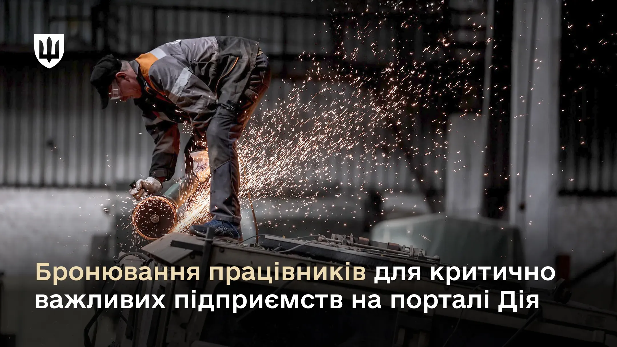Працівник у спецодязі ріже метал болгаркою на даху техніки, навколо летять іскри; на зображенні є напис: «Бронювання працівників для критично важливих підприємств на порталі Дія».