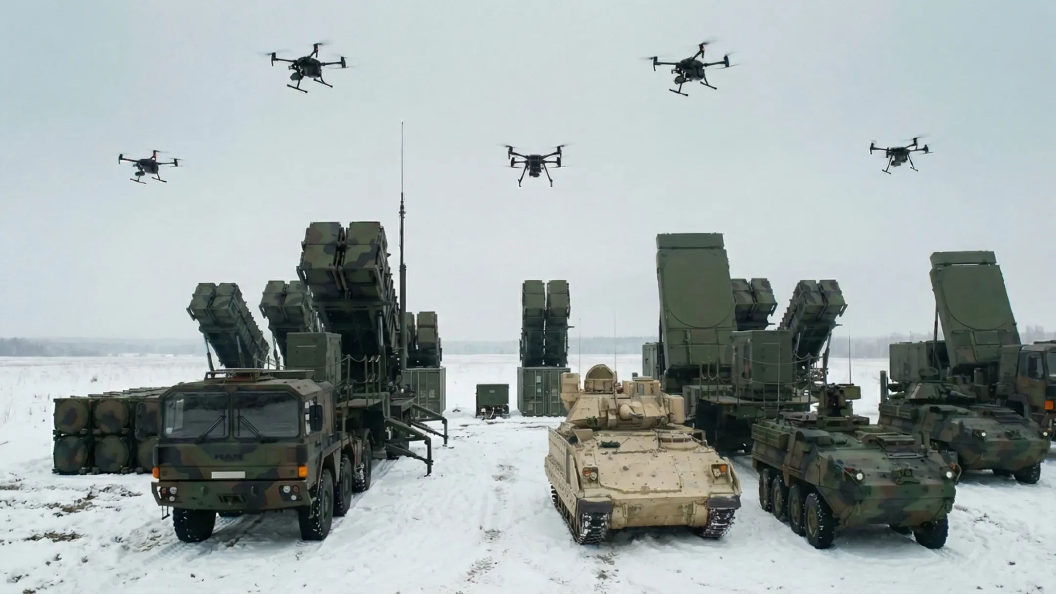 A group of modern military assets on snowy ground, including surface-to-air missile (SAM) systems, armoured vehicles and drones patrolling the sky above.