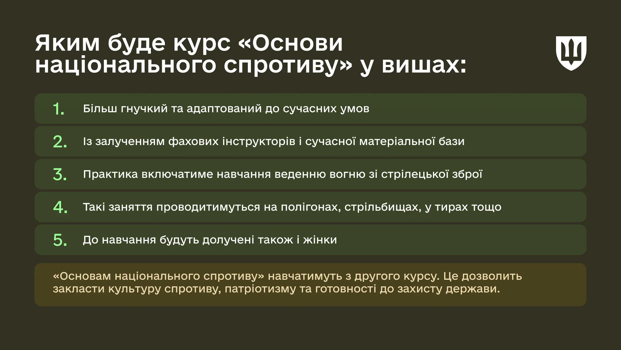 Основи національного спротиву будуть вивчати у вишах з 2 курсу