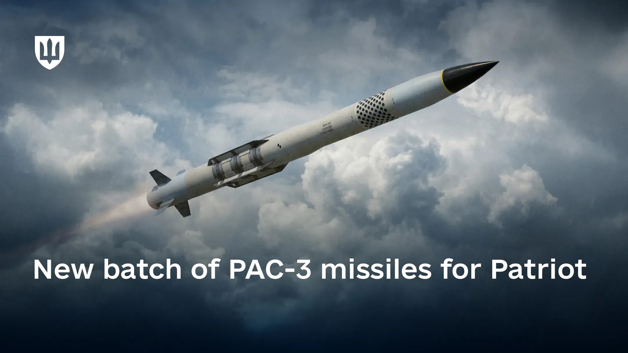 A PAC-3 interceptor missile for the Patriot air defense system in flight against a cloudy sky