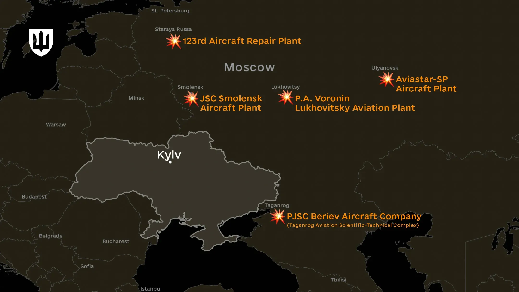 An infographic depicting a map of russia with marked locations of aircraft plants that were struck.