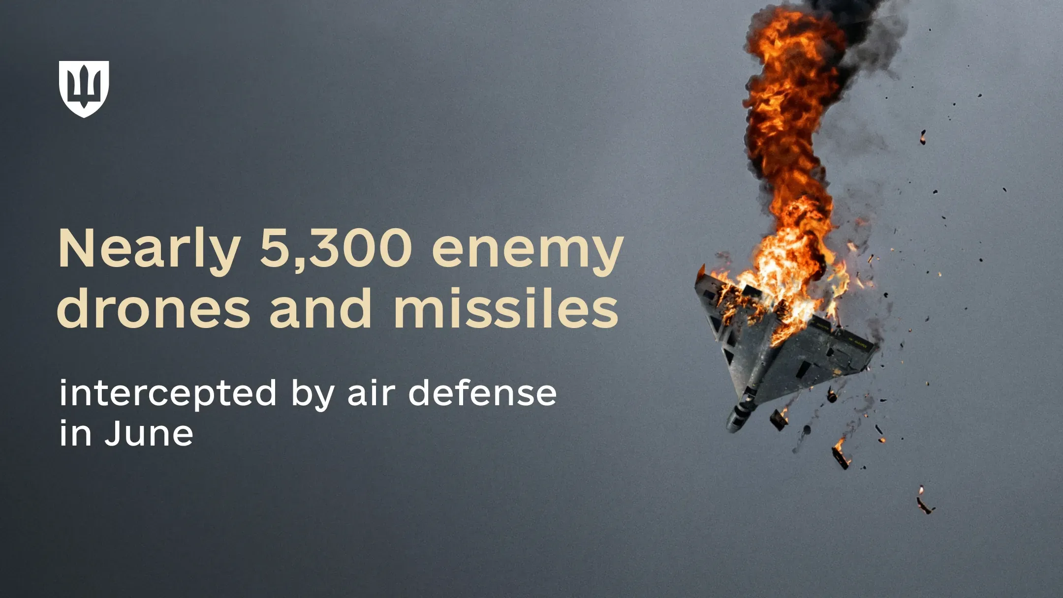 A burning russian drone shot down by Ukrainian air defense falls from the sky