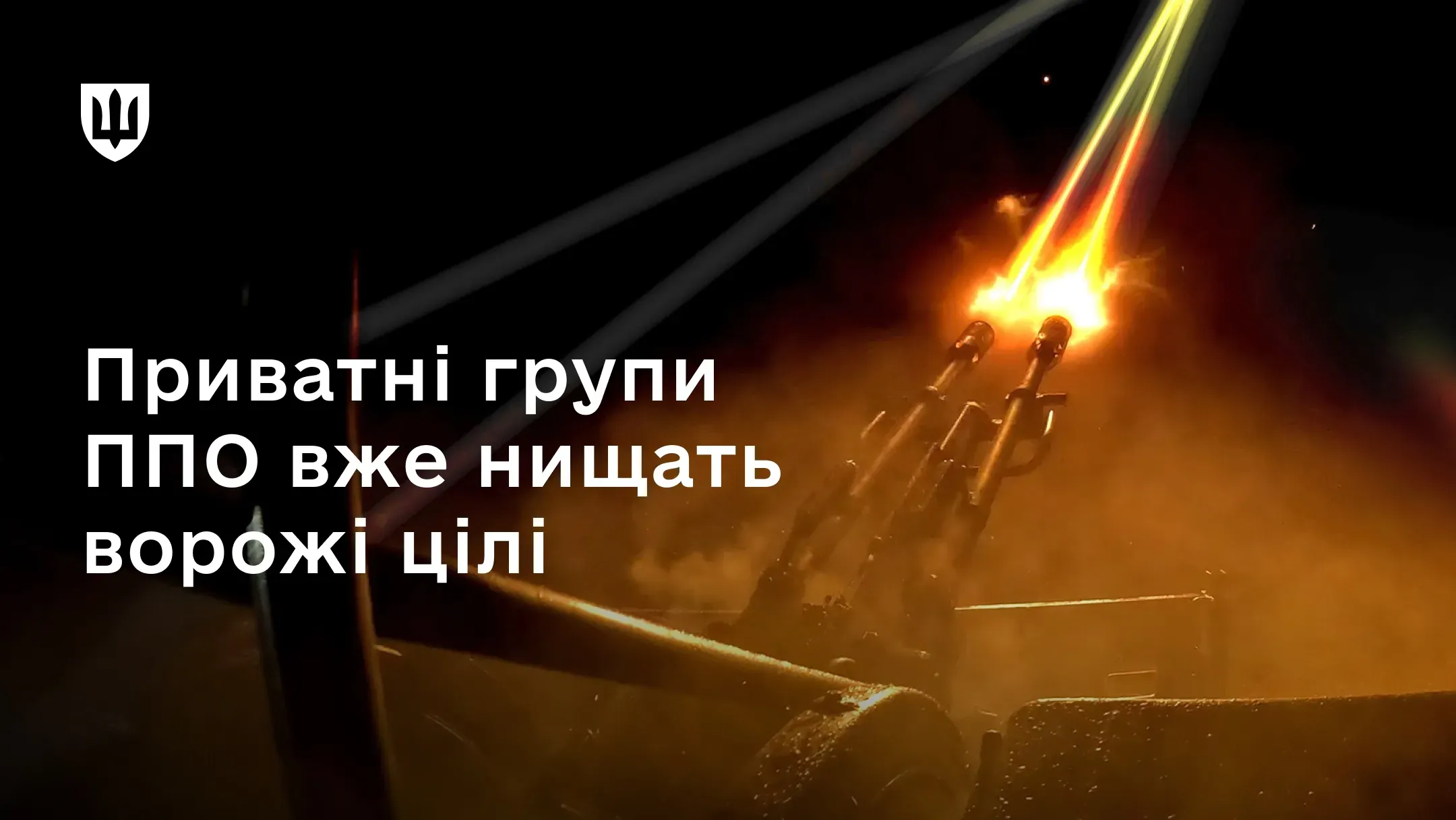 Зенітна установка веде вогонь у нічному небі. На зображенні текст: «Приватні групи ППО вже нищать ворожі цілі» 