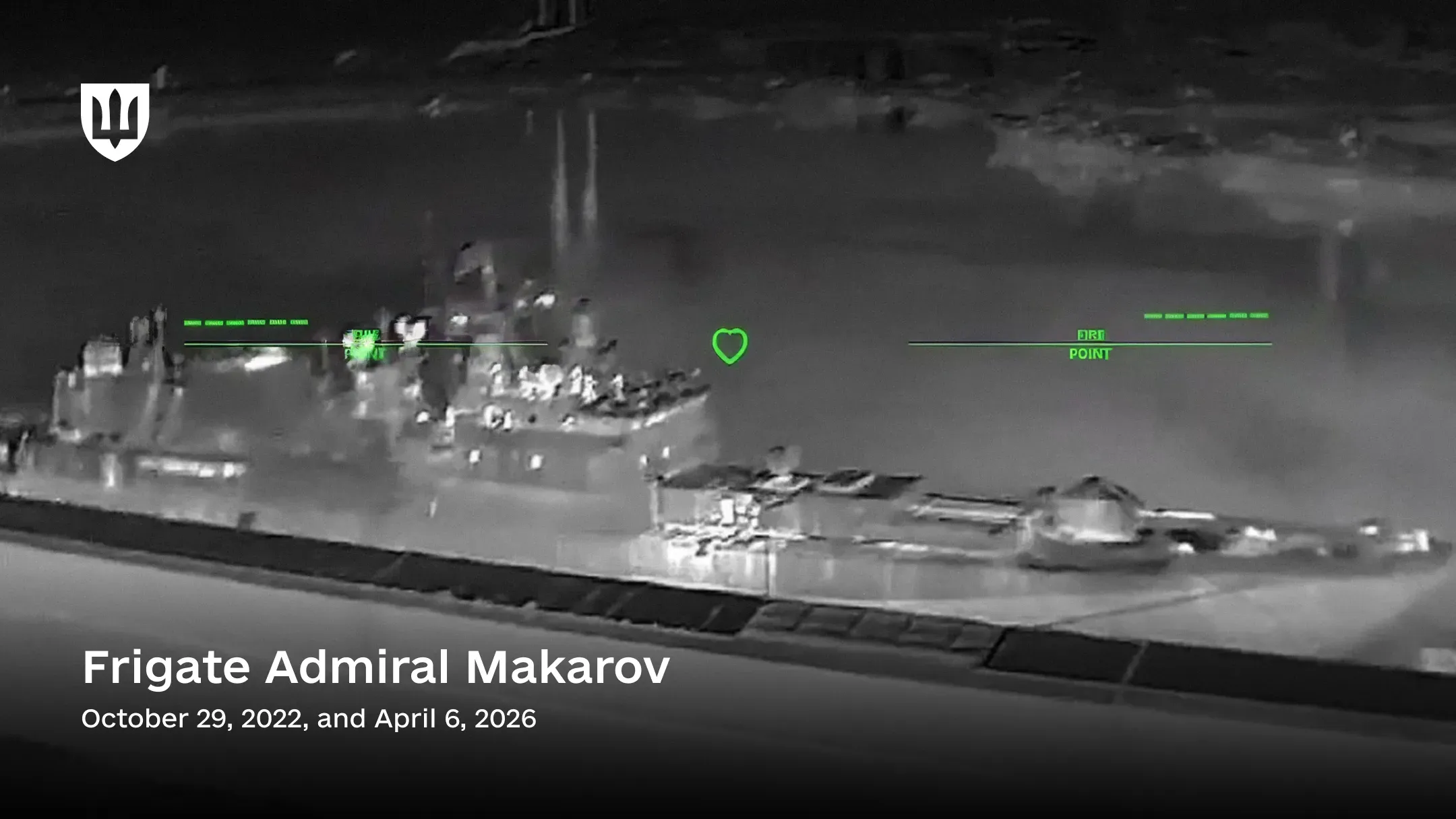Black-and-white footage from a Ukrainian unmanned surface vehicle showing an attack on the russian Project 11356R frigate Admiral Makarov.