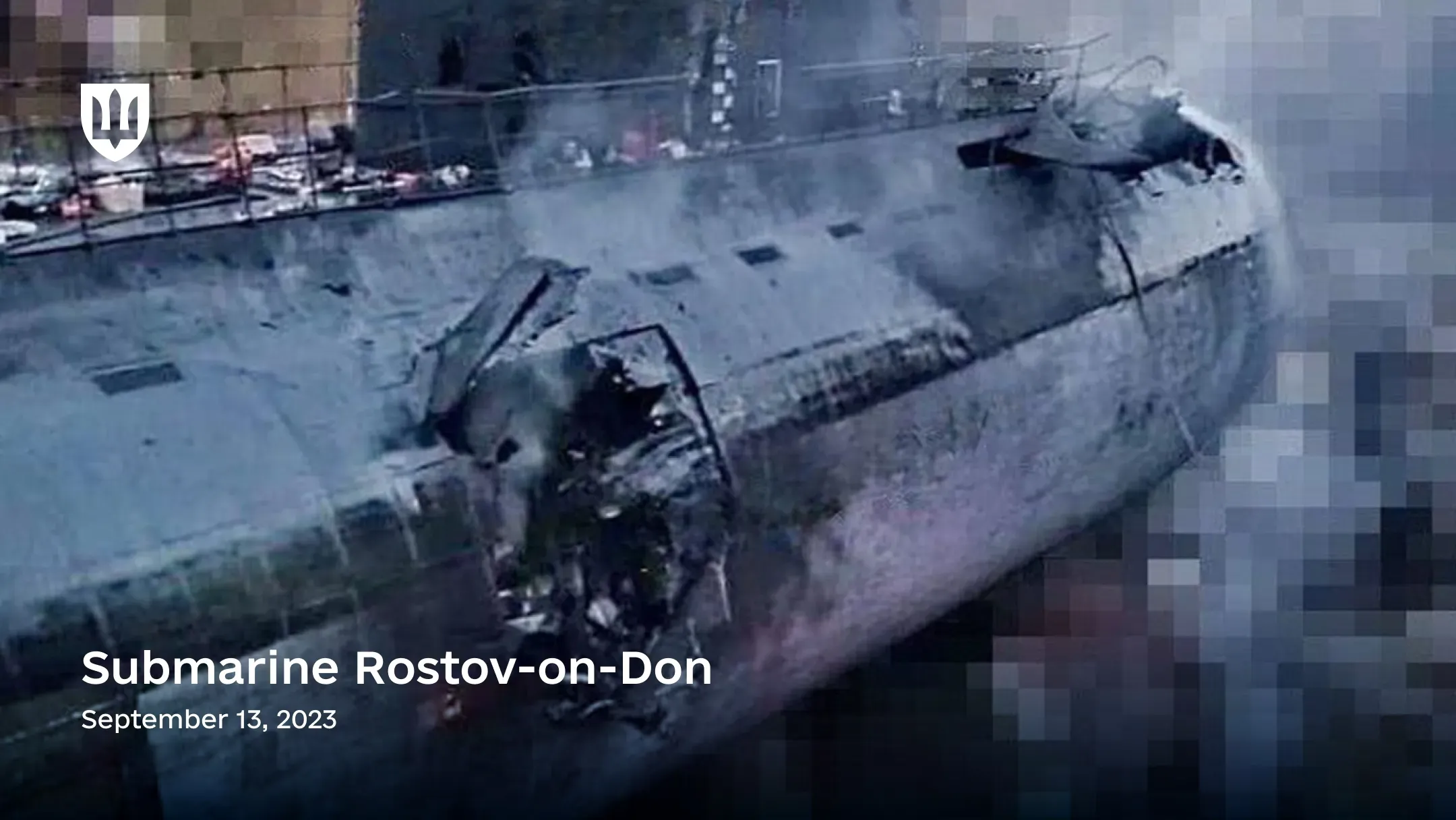 A close-up photo of the damaged hull of the russian submarine Rostov-on-Don.
