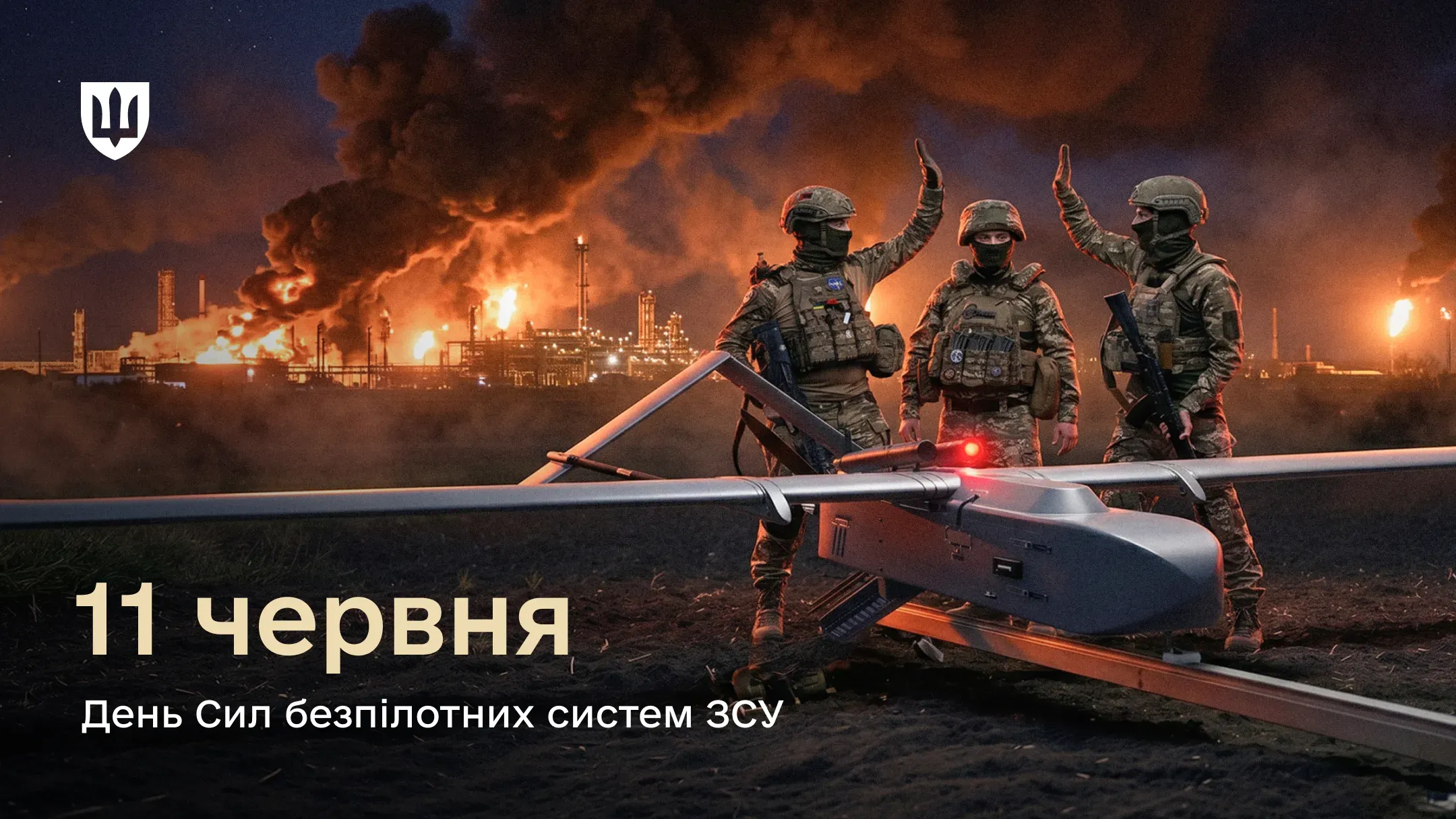 Військові Сил безпілотних систем ЗСУ з дроном діпстрайк на тлі палаючого НПЗ