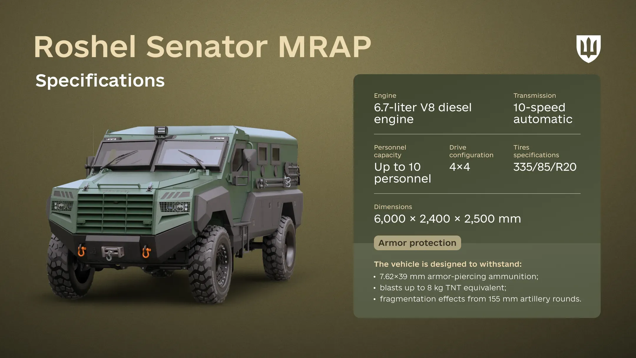 Infographic showing the specifications of the Roshel Senator MRAP