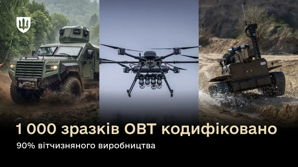 Колаж із трьох зображень військової техніки України – бронеавтомобіля, гексакоптера з боєприпасами та гусеничного наземного робота