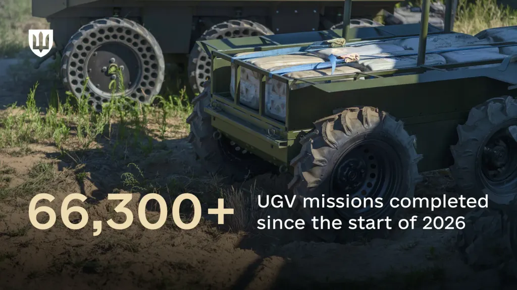 A logistics UGV loaded with supplies secured by a blue strap stands on a dirt track beside a larger UGV in the background