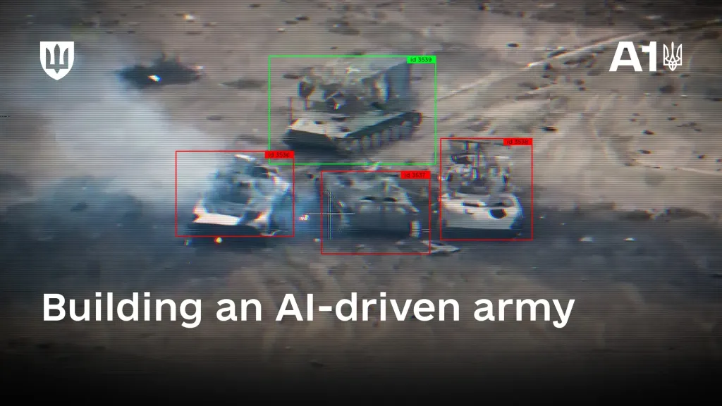 A screenshot of an AI analysis system detecting armored vehicles on the battlefield with color-coded identification boxes
