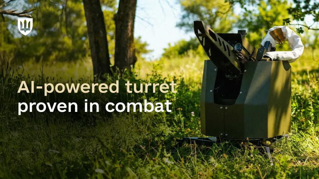 An olive-colored AI-powered turret positioned on a grassy clearing among trees