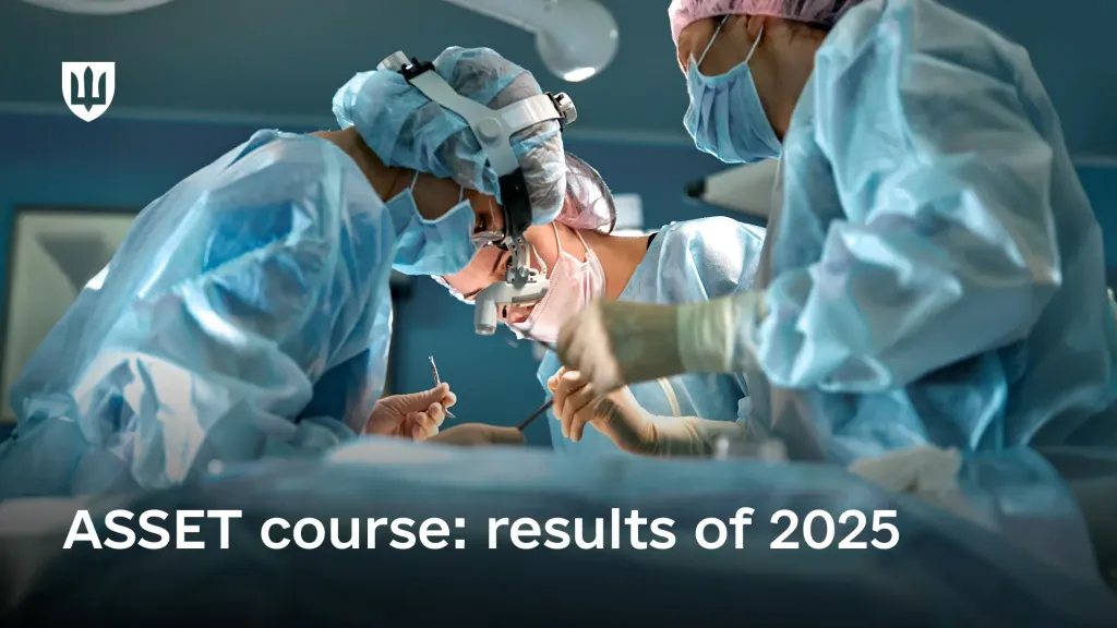 A group of surgeons in medical gowns and masks, wearing headlamps, perform a surgical procedure; white text at the bottom reads “ASSET course: results of 2025”