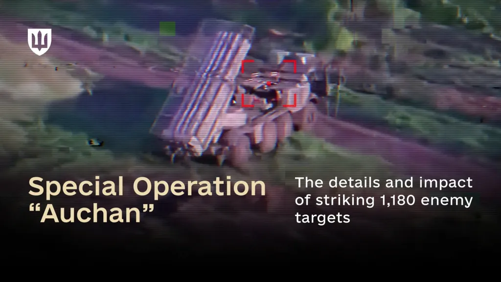 A drone camera view with digital interference effects showing a multiple launch rocket system inside a red targeting reticle