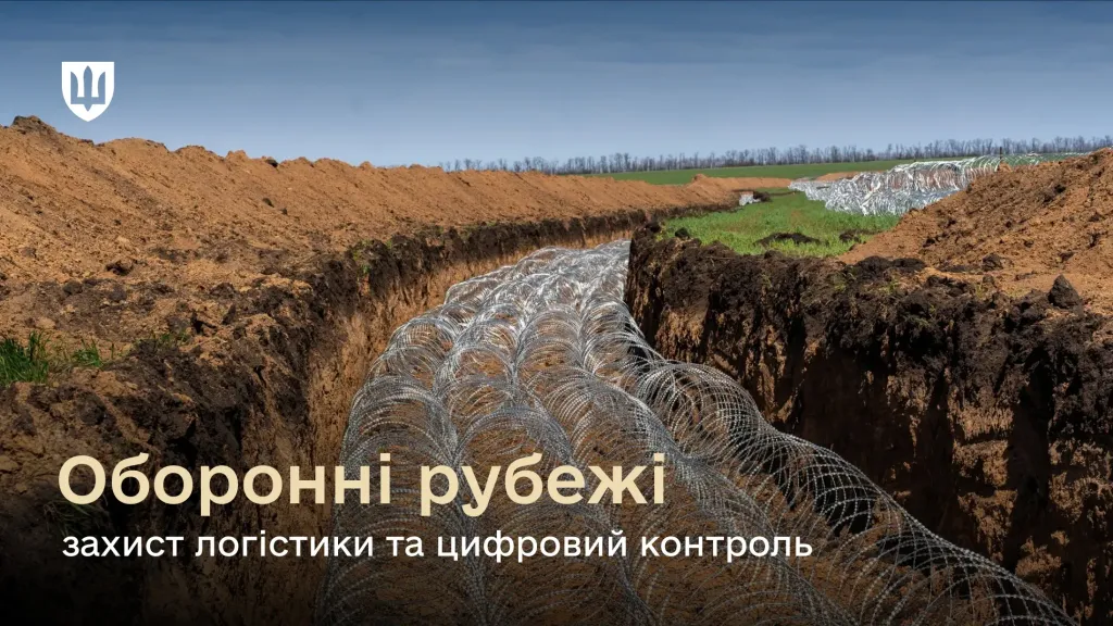 Оборонні фортифікації на лінії фронту у вигляді колючого дрону в траншеї