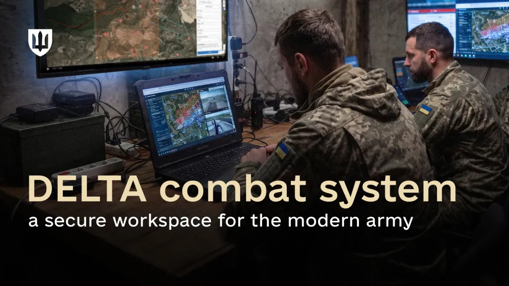 Two service members work at laptops running DELTA in a dimly lit command post