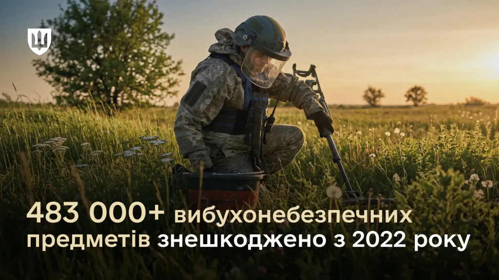 Український сапер розміновує поле після російської окупації