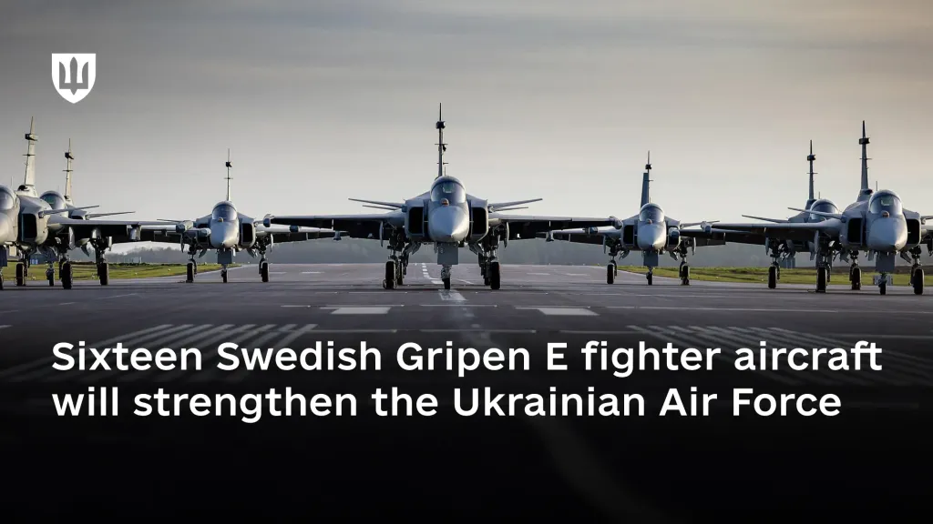Several Swedish Gripen multirole fighter aircraft lined up on a runway