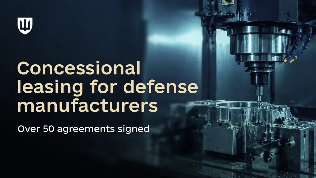 An industrial milling machine at work at a defense industry enterprise. Text on the image: Concessional leasing for defense manufacturers. Over 50 agreements signed