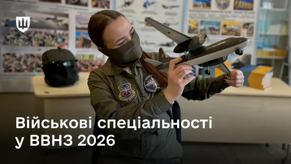Фотографія курсантки в темно-зеленому комбінезоні та зеленій бандані-buff. В руках дівчина тримає та уважно розглядає масштабовану модель двогвинтового транспортного літака