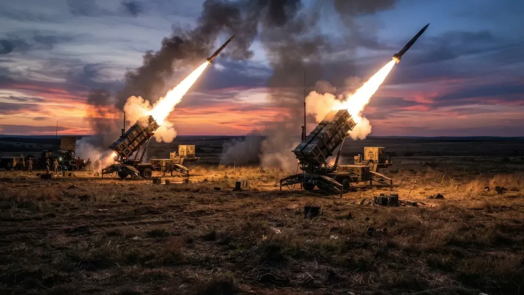 Дві пускові установки зенітно-ракетного комплексу Patriot під час пуску ракет у полі на тлі вечірнього неба
