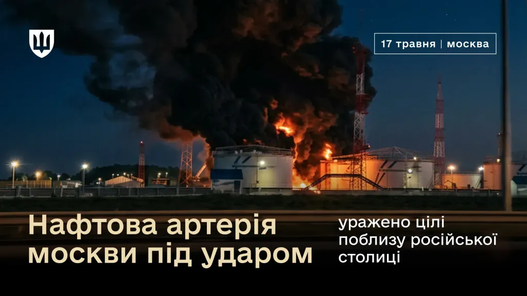 Ілюстрація пожежі на промисловому об’єкті: над резервуарами підіймається густий чорний дим. Напис: «17 травня | москва. Нафтова артерія москви під ударом: уражено цілі поблизу російської столиці»
