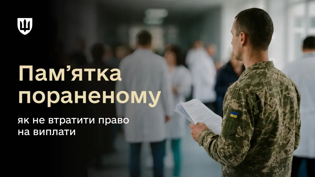 Військовослужбовець у камуфляжі тримає в руках пакет документів, стоячи у коридорі медичного закладу серед лікарів