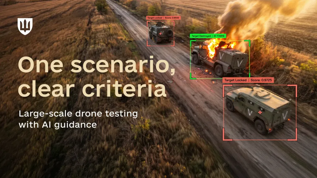 russian military armored vehicles on a road, one engulfed in flames, with graphic overlays showing AI target detection and acquisition