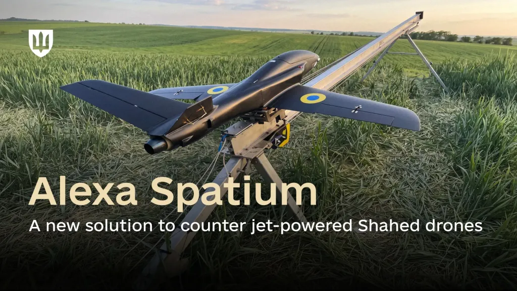 Black Alexa Spatium UAV on a launcher in a grassy field