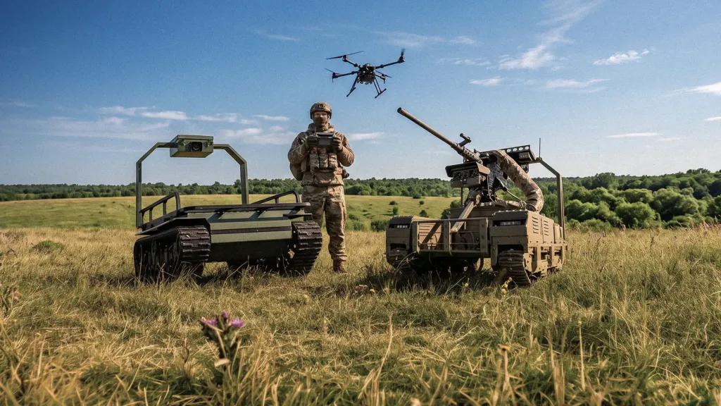 Військовослужбовець з пультом керування в оточенні безпілотного літального апарату та двох наземних роботизованих платформ у полі