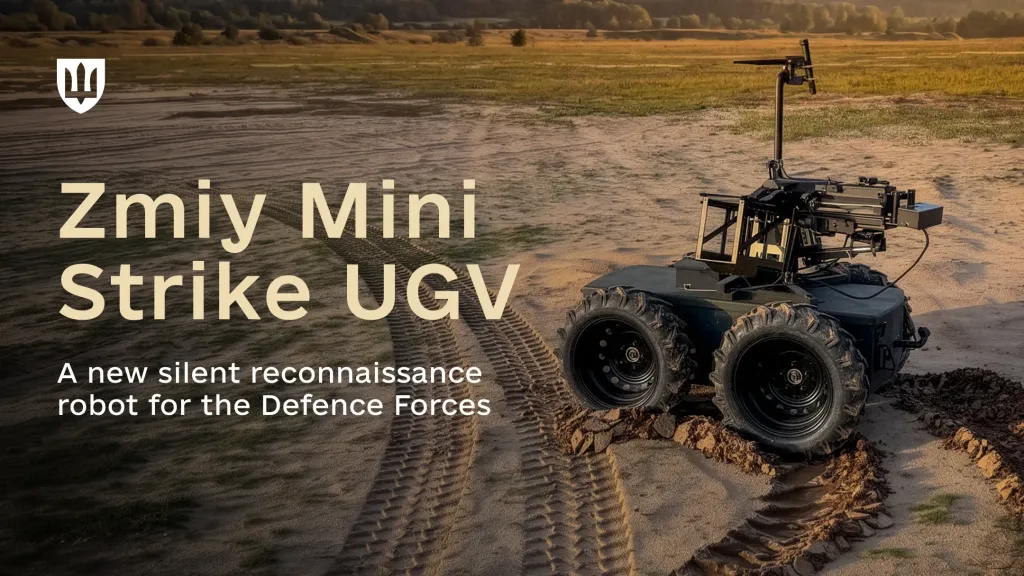 The Zmiy Mini Strike unmanned ground vehicle on the ground.