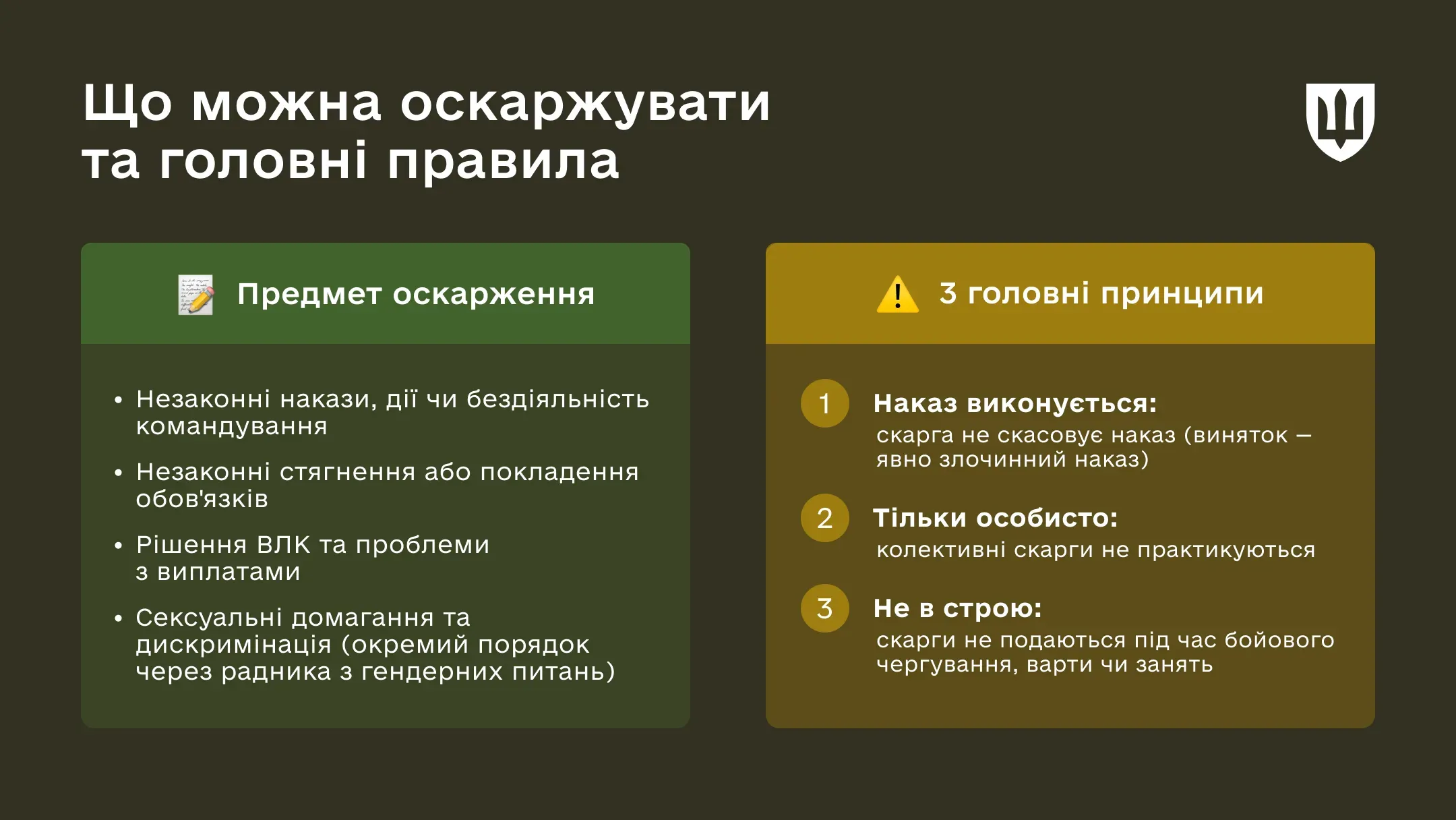 Інфографіка «Що можна оскаржувати та головні правила». Перелічено предмети оскарження (накази, виплати, ВЛК) та три принципи: обов’язковість виконання наказу, особиста подача, подача не під час строю