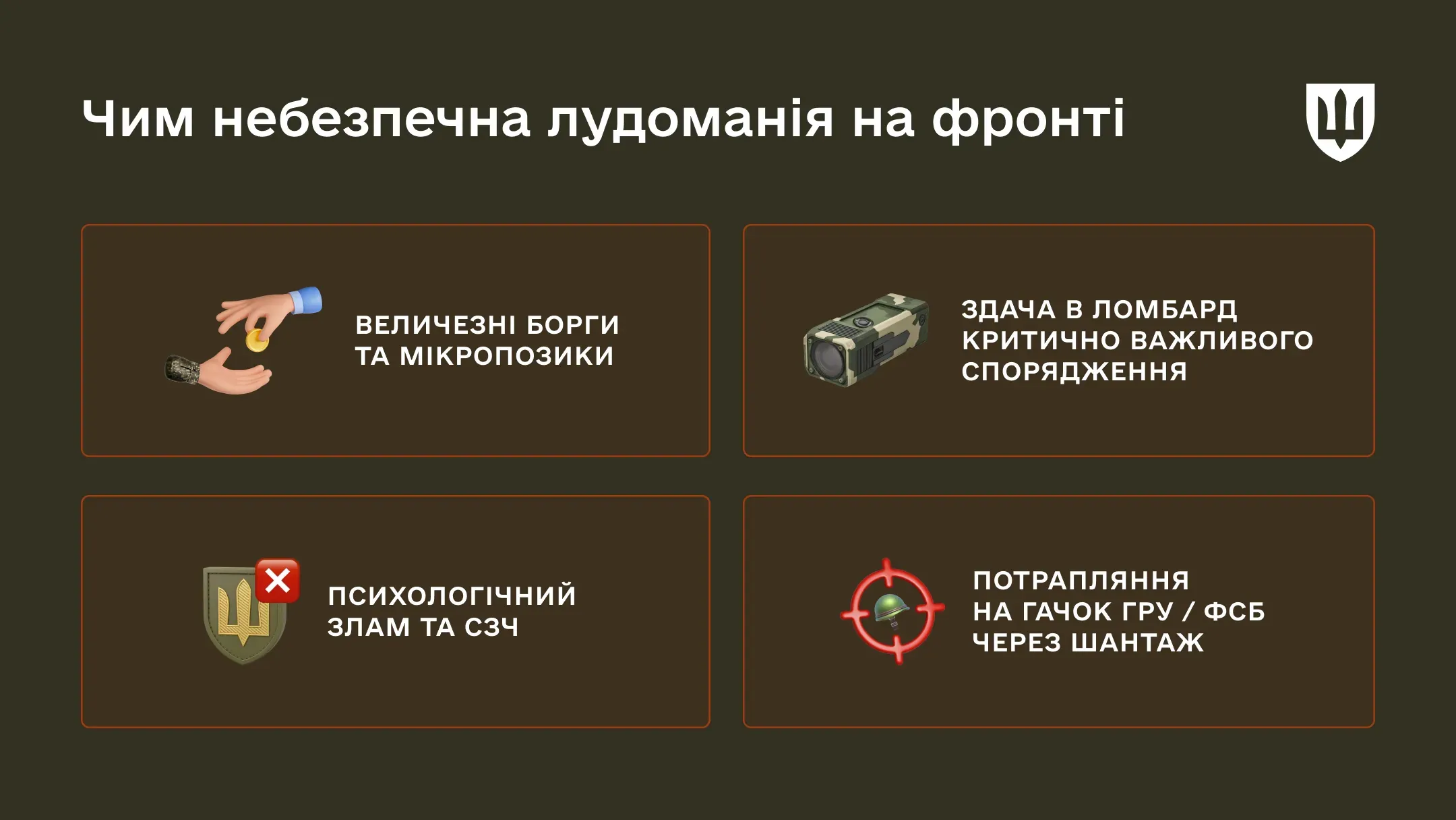 Інфографіка під назвою «Чим небезпечна лудоманія на фронті».