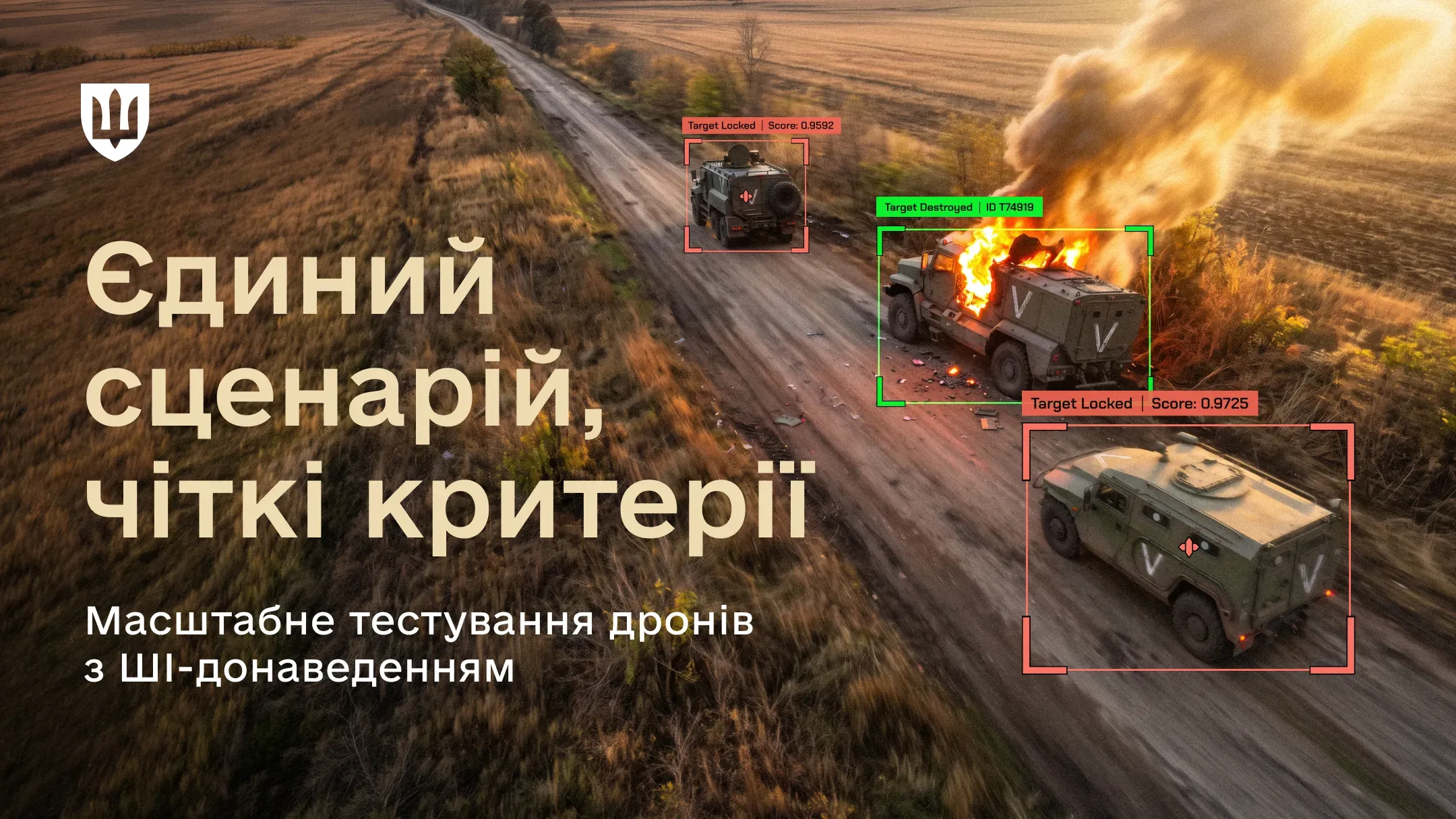 Військові бронеавтомобілі рф на дорозі, один із яких охоплений вогнем, з графічними рамками розпізнавання та захоплення цілей штучним інтелектом