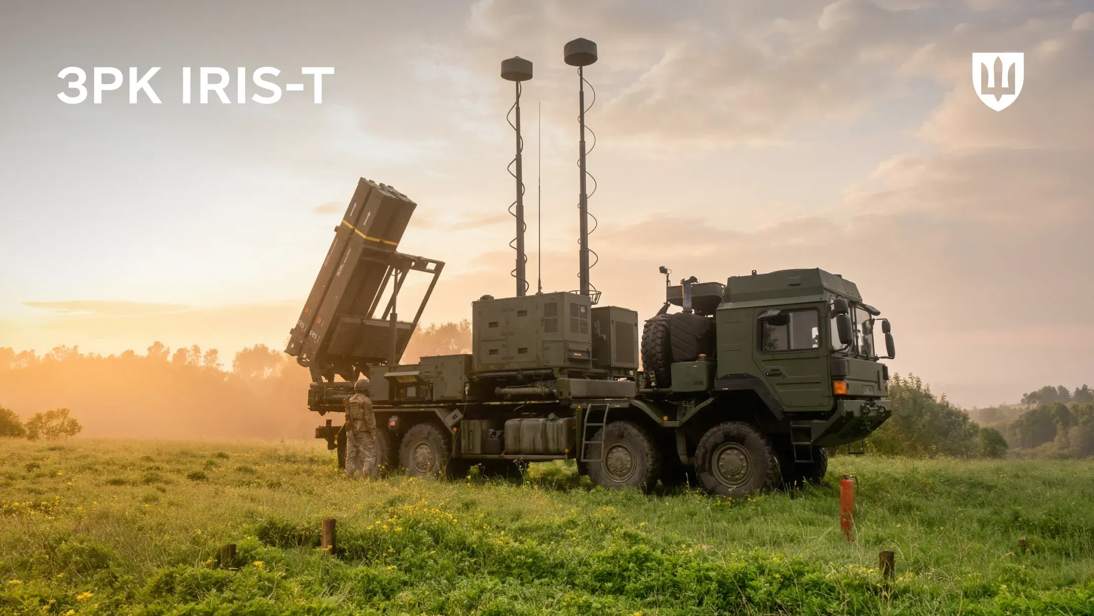Пускова установка ЗРК IRIS-T SLM на відкритому зеленому полі під час заходу сонця