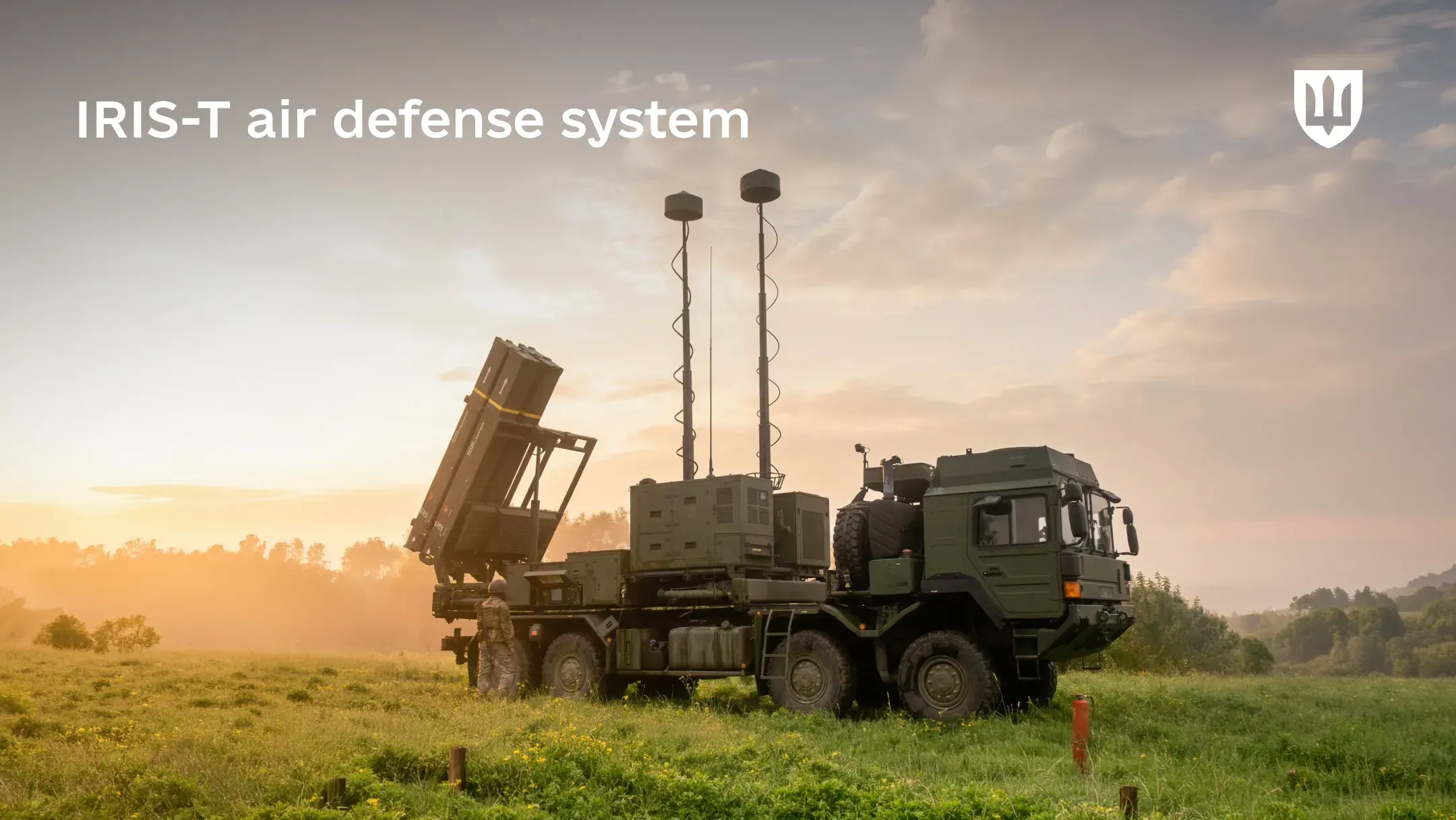 An IRIS-T air defence launcher positioned in an open green field at sunset