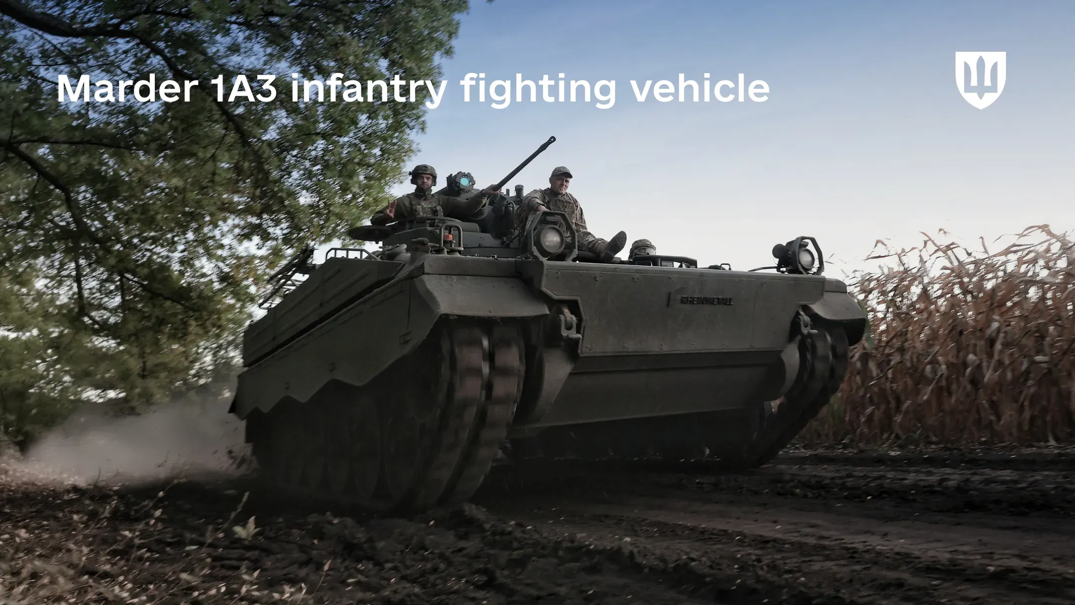 A Marder 1A3 infantry fighting vehicle moving along a dirt road beside a cornfield and trees