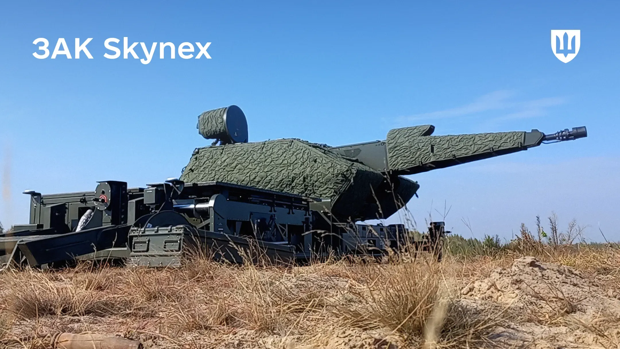 Німецька зенітна артилерійська установка Skynex, розміщена на відкритій місцевості з сухою травою під ясним синім небом