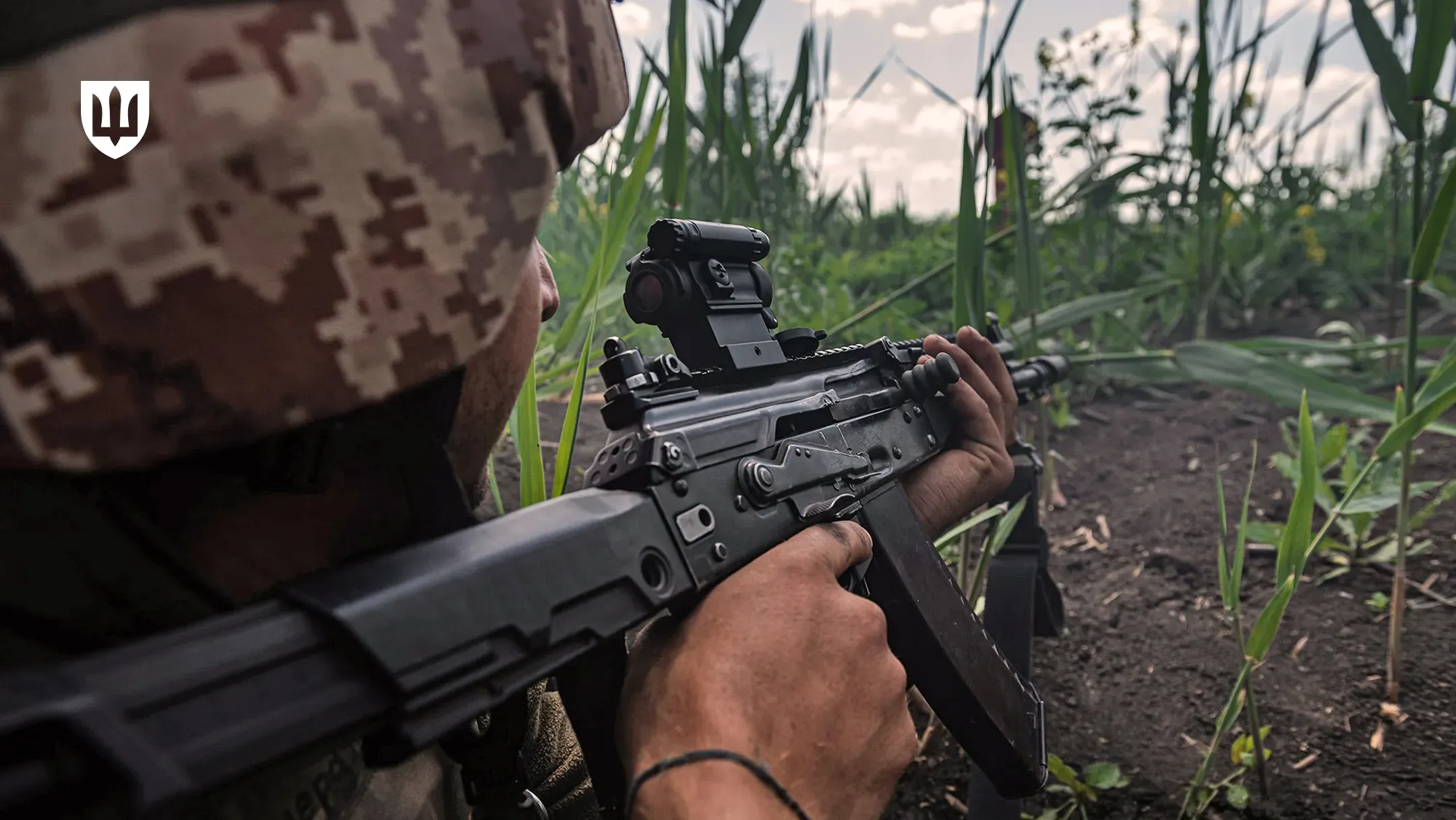 Вид з-за плеча українського військового в камуфляжному шоломі. Він лежить на землі та цілиться з гвинтівки, оснащеної коліматорним прицілом, через високу траву в бік лісосмуги та прикордонного стовпа. Руки міцно тримають зброю