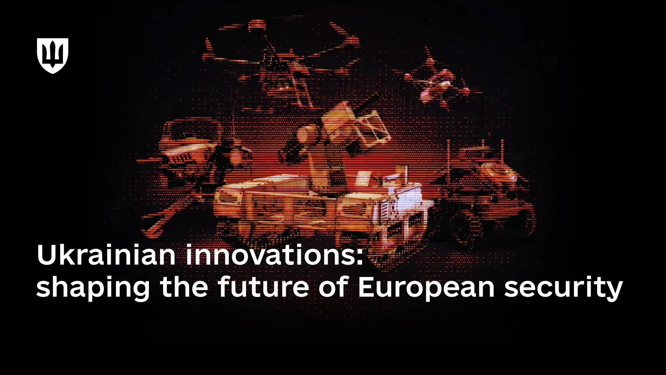 At the center of the image is a composition of futuristic defense technologies in a red-dotted array, featuring swarms of combat drones, a modular ground platform, and other robotic systems.