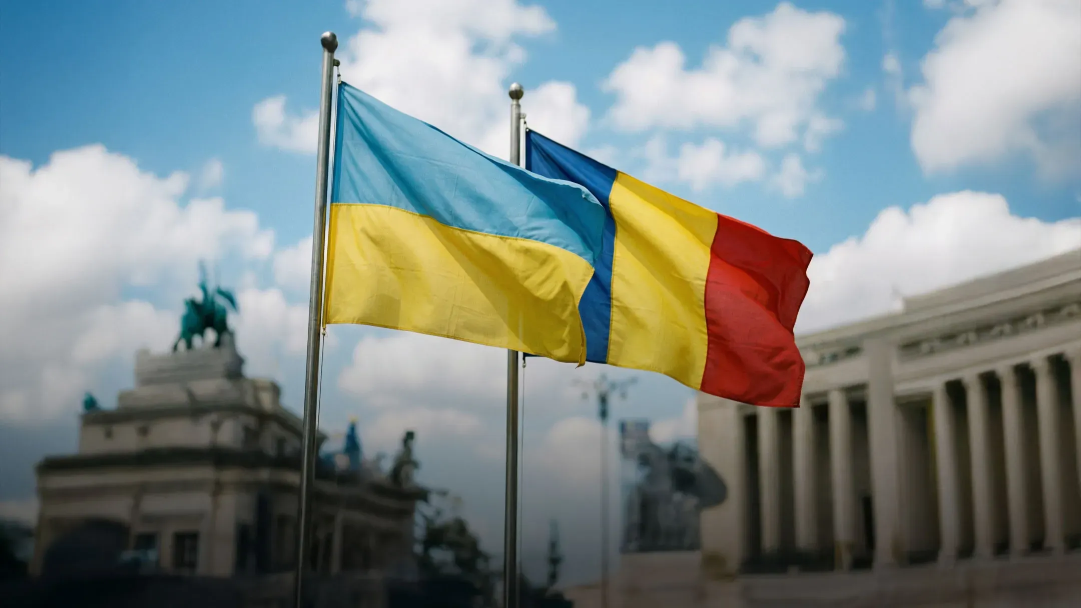 Flags of Ukraine and Romania; on-screen text reads: “€200 million under the SAFE instrument — joint Ukraine–Romania drone production projects.”
