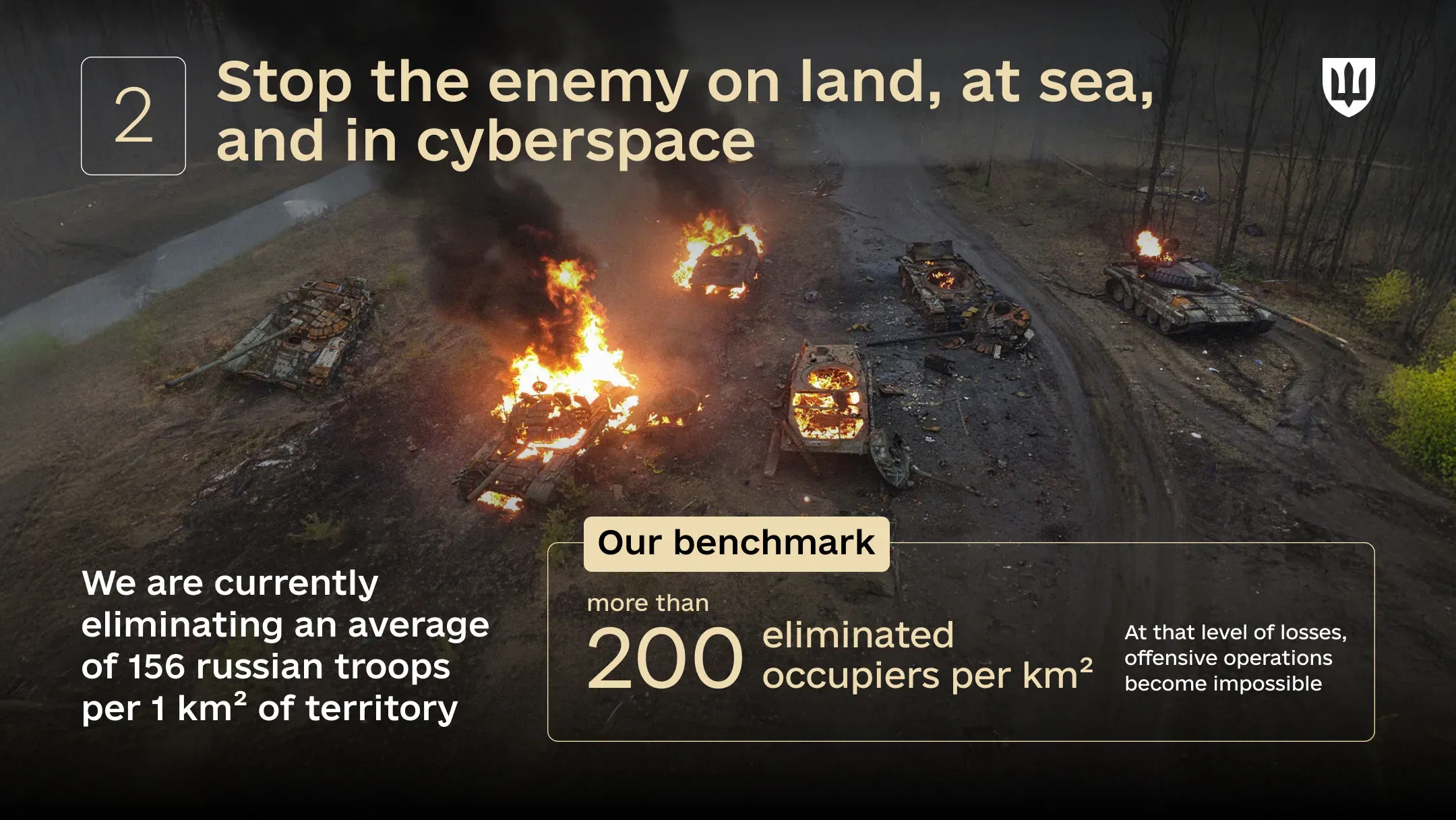 Destroyed and burning enemy armored vehicles on the battlefield; the infographic shows a reference point for enemy losses per square kilometer