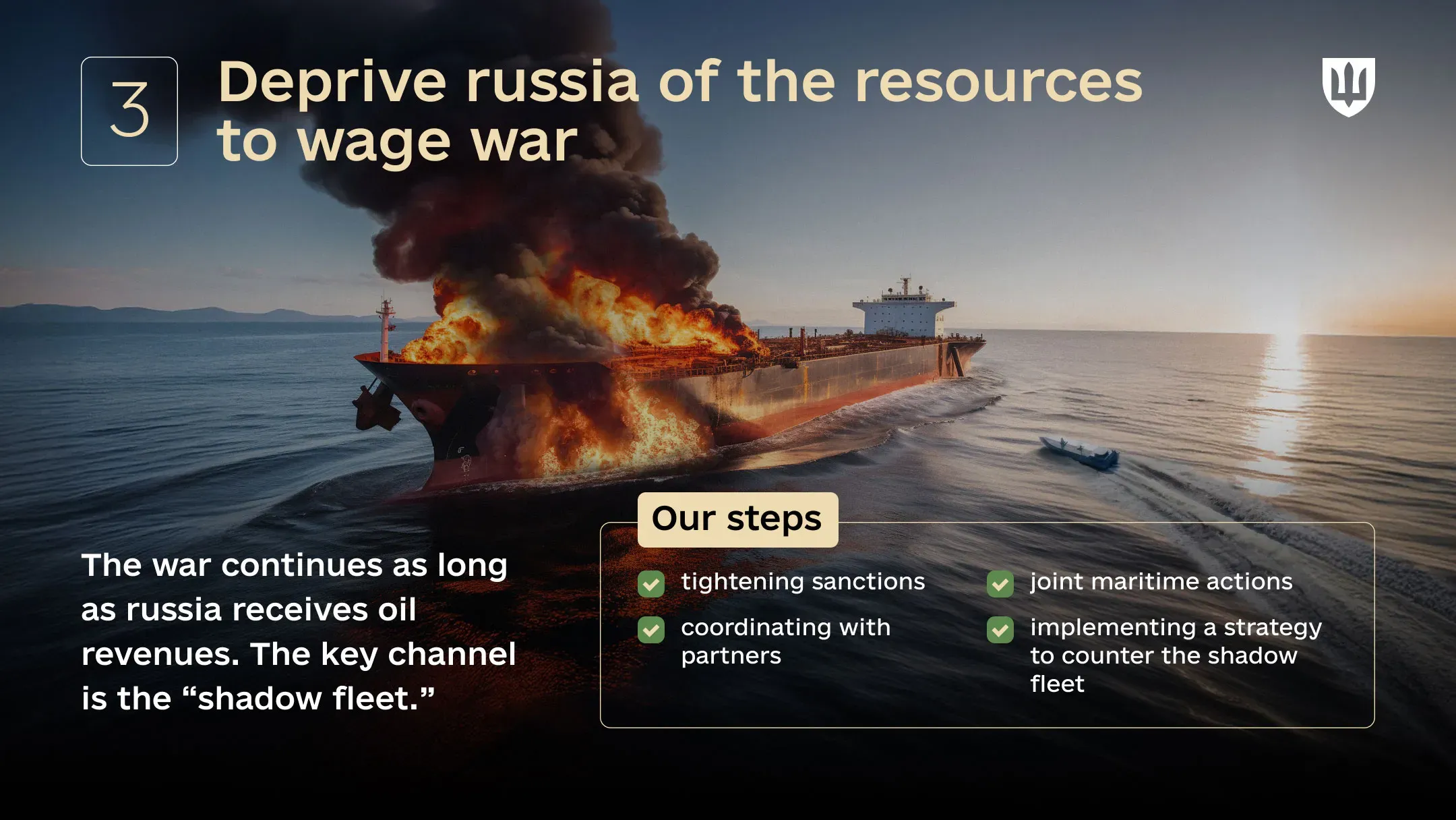 A large oil tanker at sea engulfed in flames; the infographic explains measures to counter the shadow fleet and russia’s oil revenues