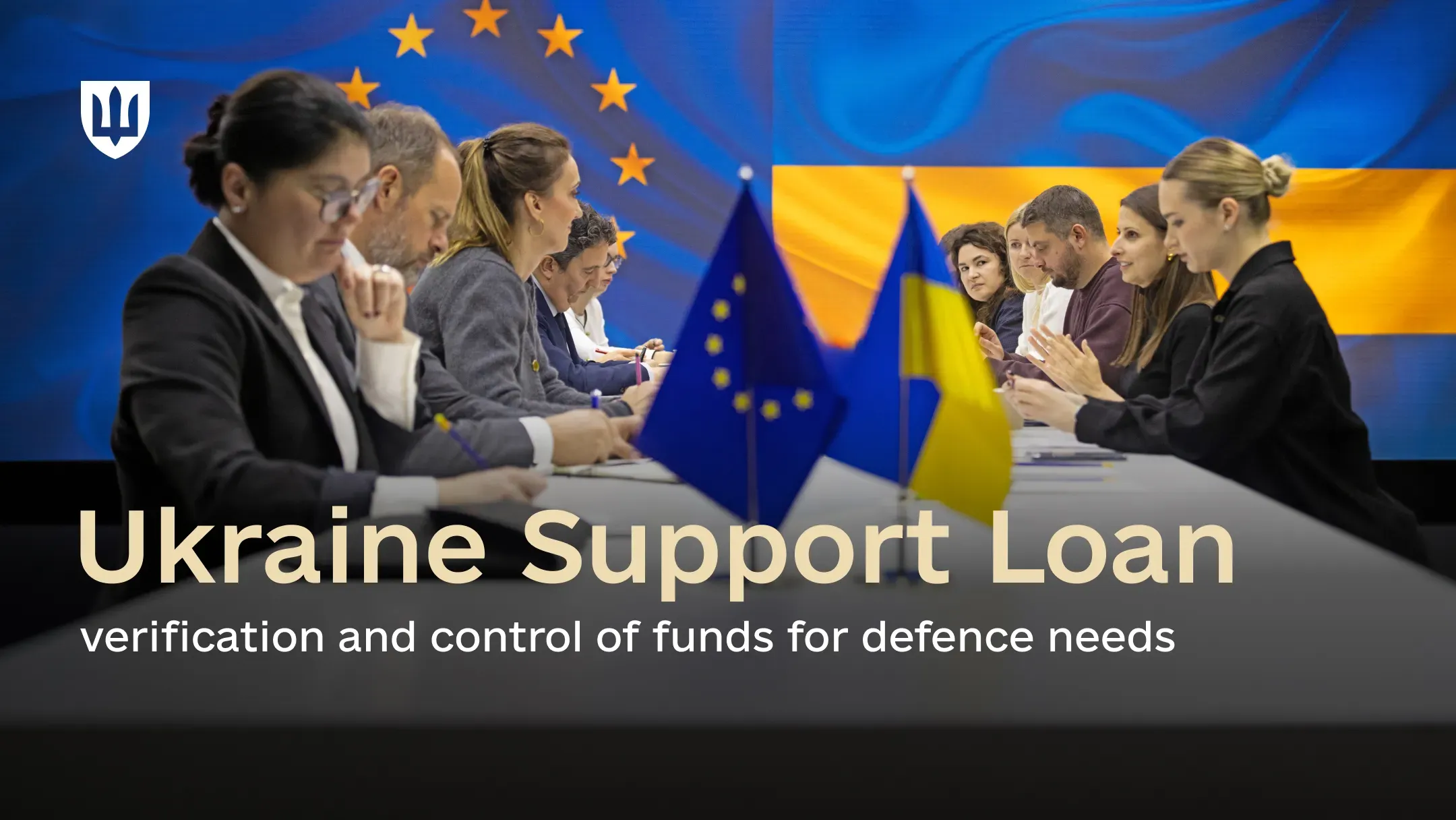 Delegations of Ukraine's Ministry of Defence and the joint mission of the European Commission’s Directorate-General for Defence Industry and Space sit at a table with EU and Ukrainian flags.