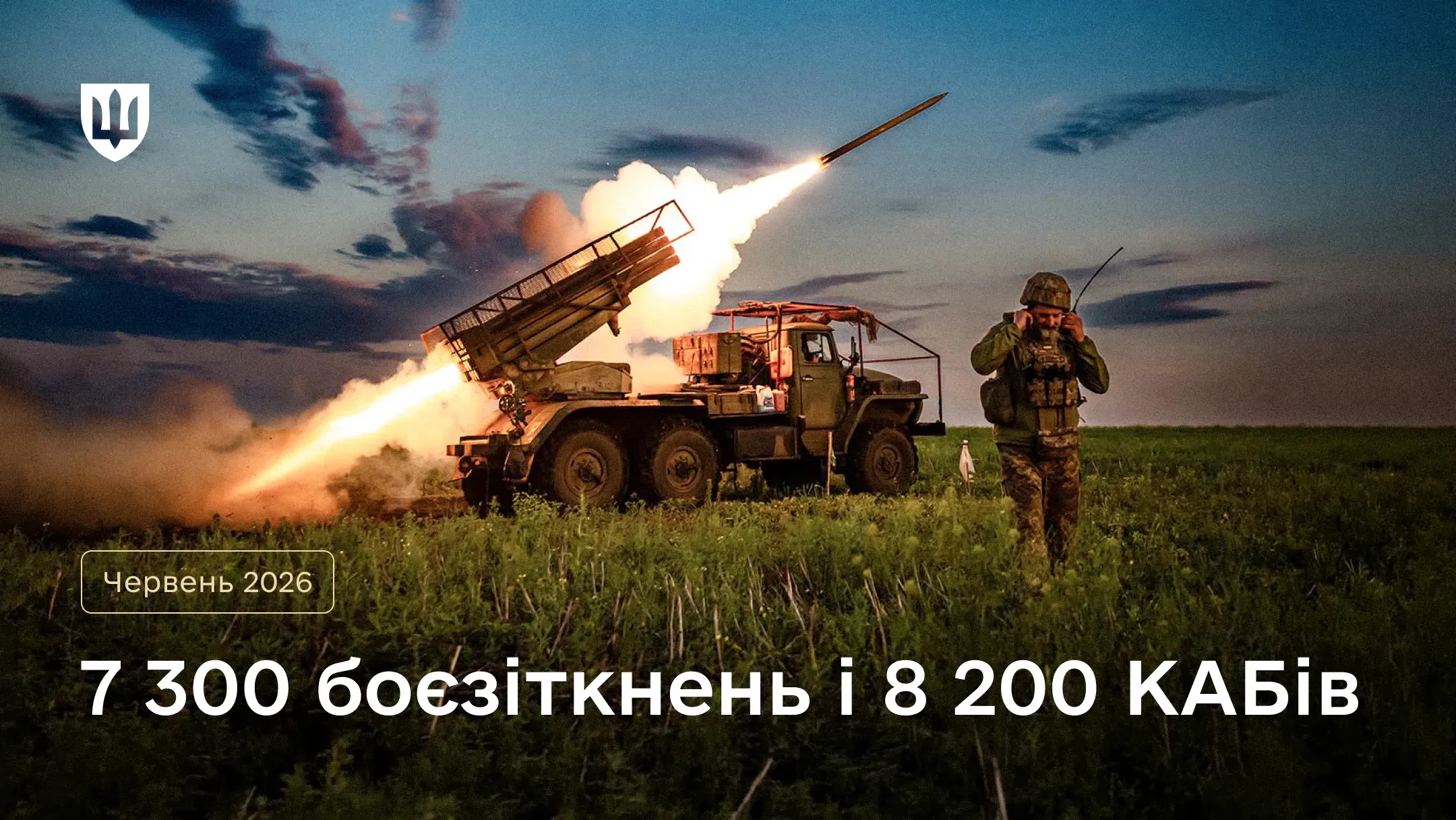 Пуск ракети з реактивної системи залпового вогню у полі на тлі вечірнього неба та військовий поруч