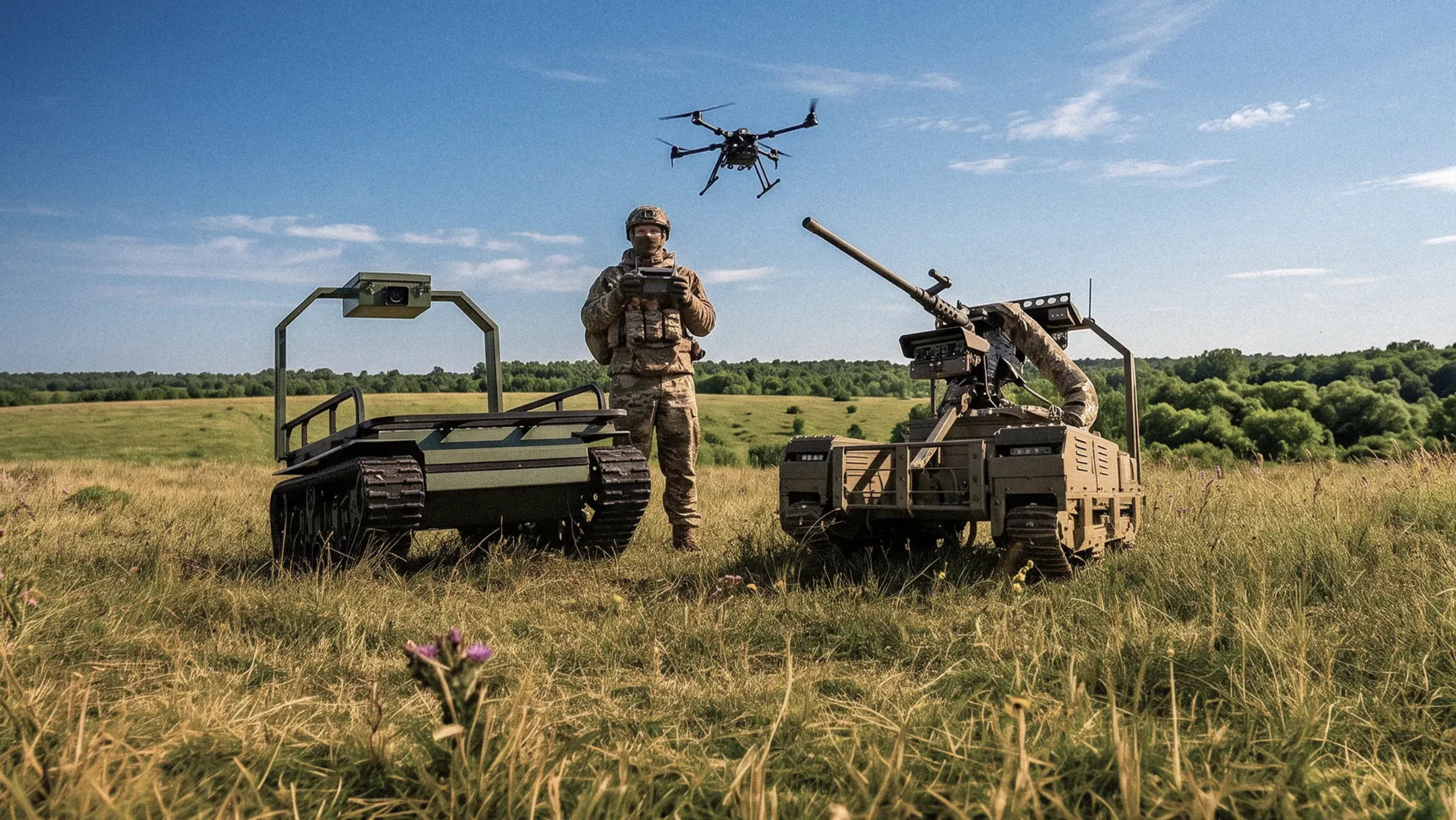 A service member operating a control unit stands among a UAV and two unmanned ground vehicles in a field